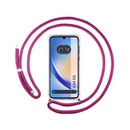 Funda Colgante Transparente para Samsung Galaxy A34 5G con Cordon Rosa Fucsia