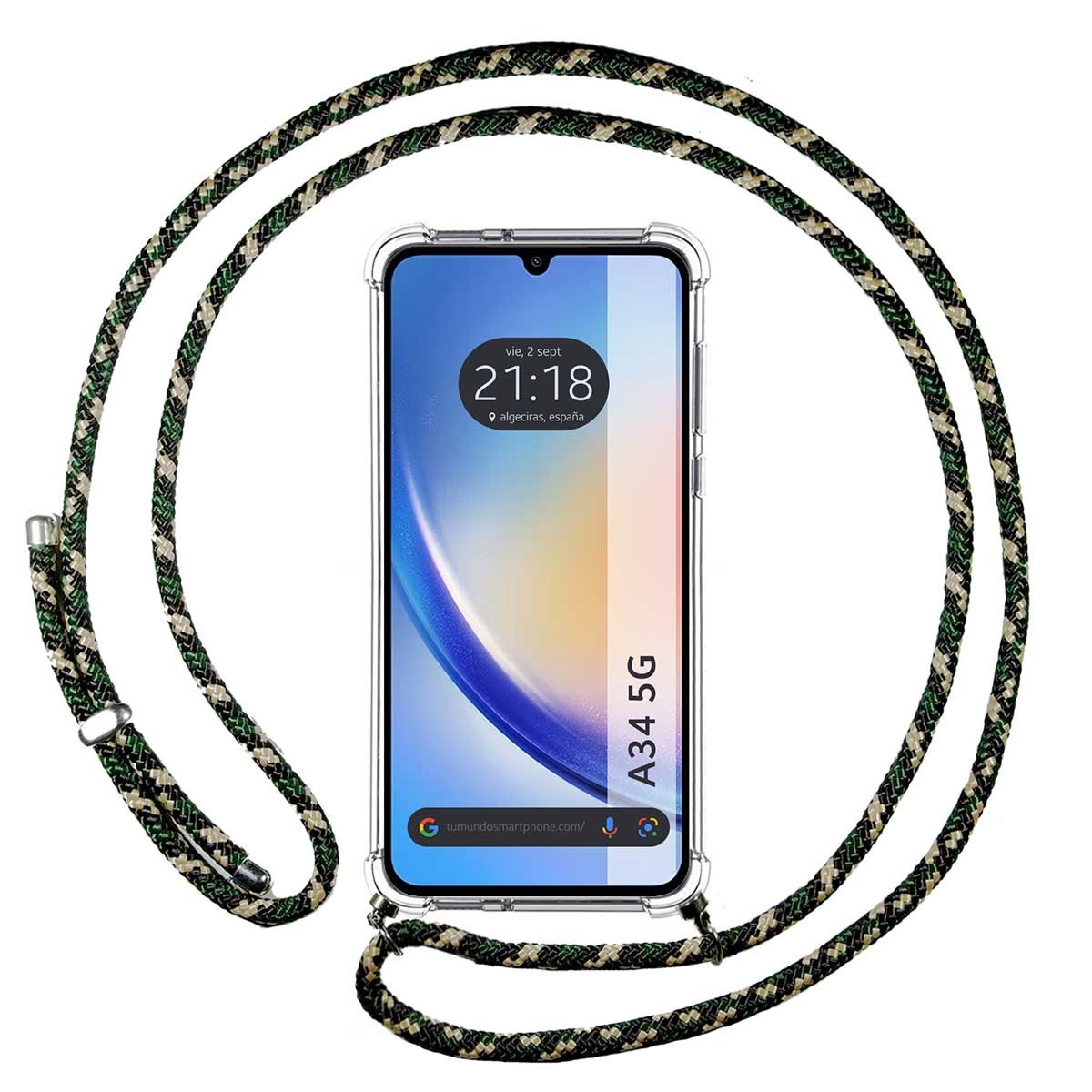 Funda Colgante Transparente para Samsung Galaxy A34 5G con Cordon Verde / Dorado