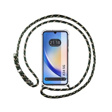 Funda Colgante Transparente para Samsung Galaxy A34 5G con Cordon Verde / Dorado