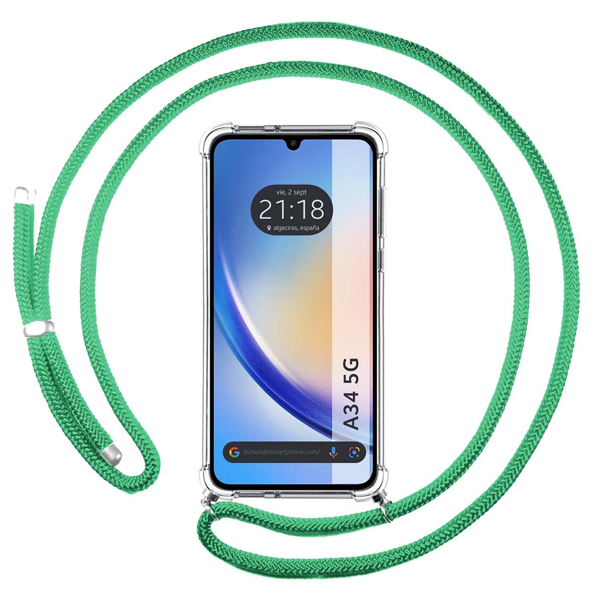 Funda Colgante Transparente para Samsung Galaxy A34 5G con Cordon Verde Agua