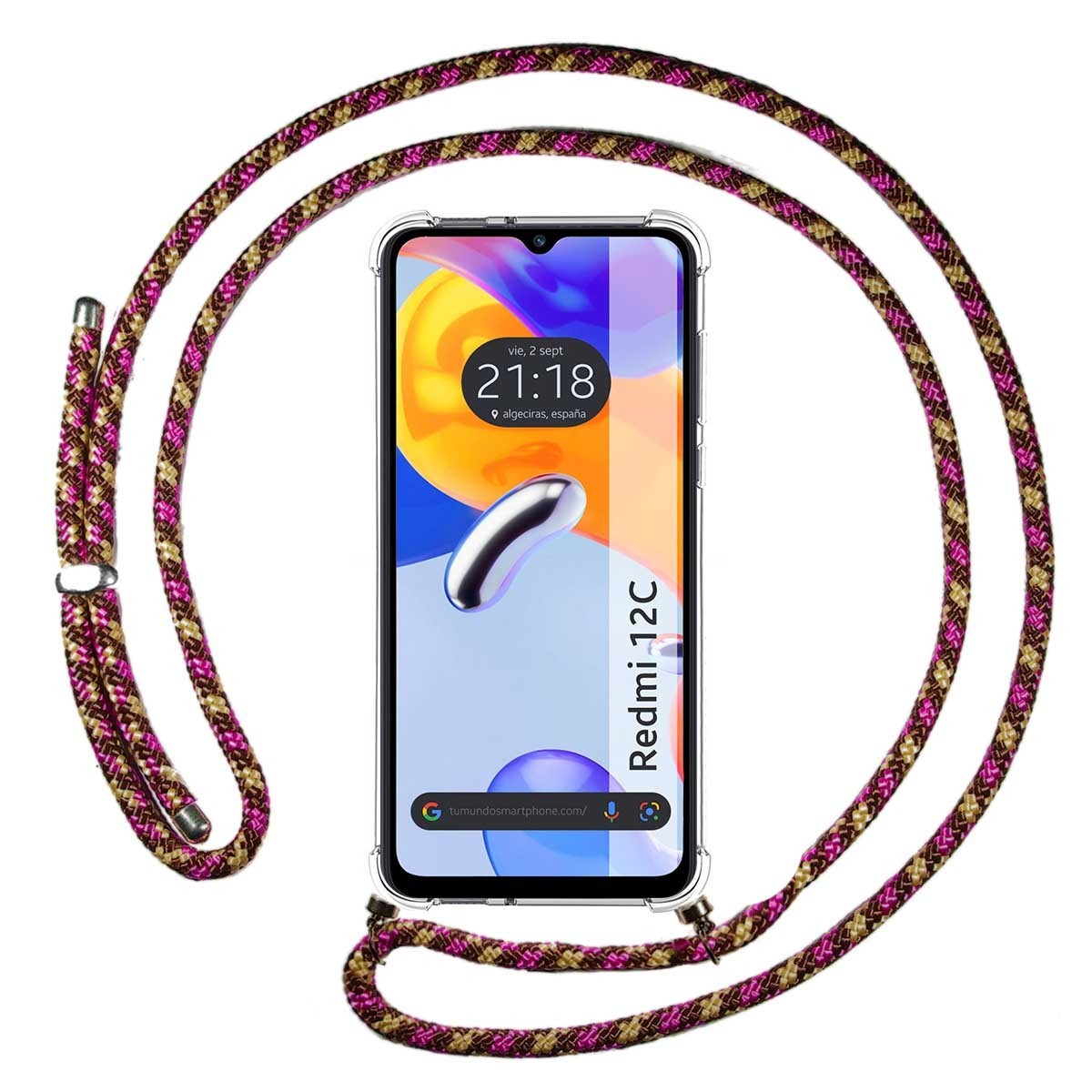 Funda Colgante Transparente compatible con Xiaomi Redmi 12C con Cordon Rosa / Dorado