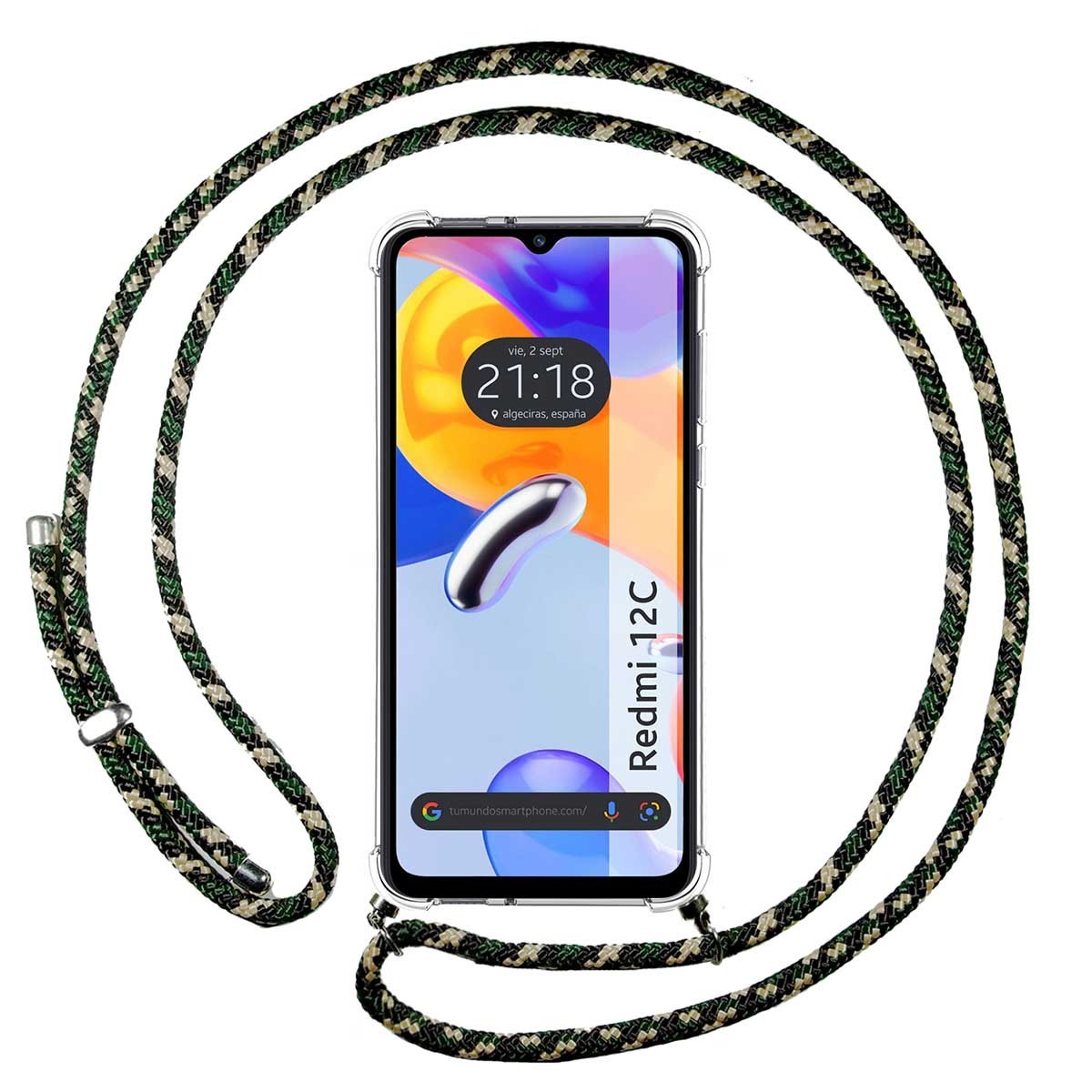Funda Colgante Transparente compatible con Xiaomi Redmi 12C con Cordon Verde / Dorado