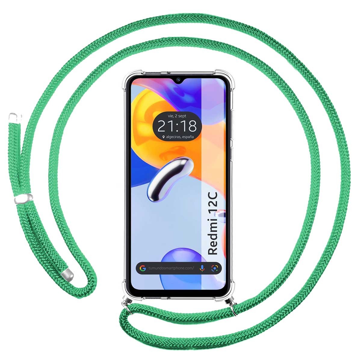 Funda Colgante Transparente compatible con Xiaomi Redmi 12C con Cordon Verde Agua