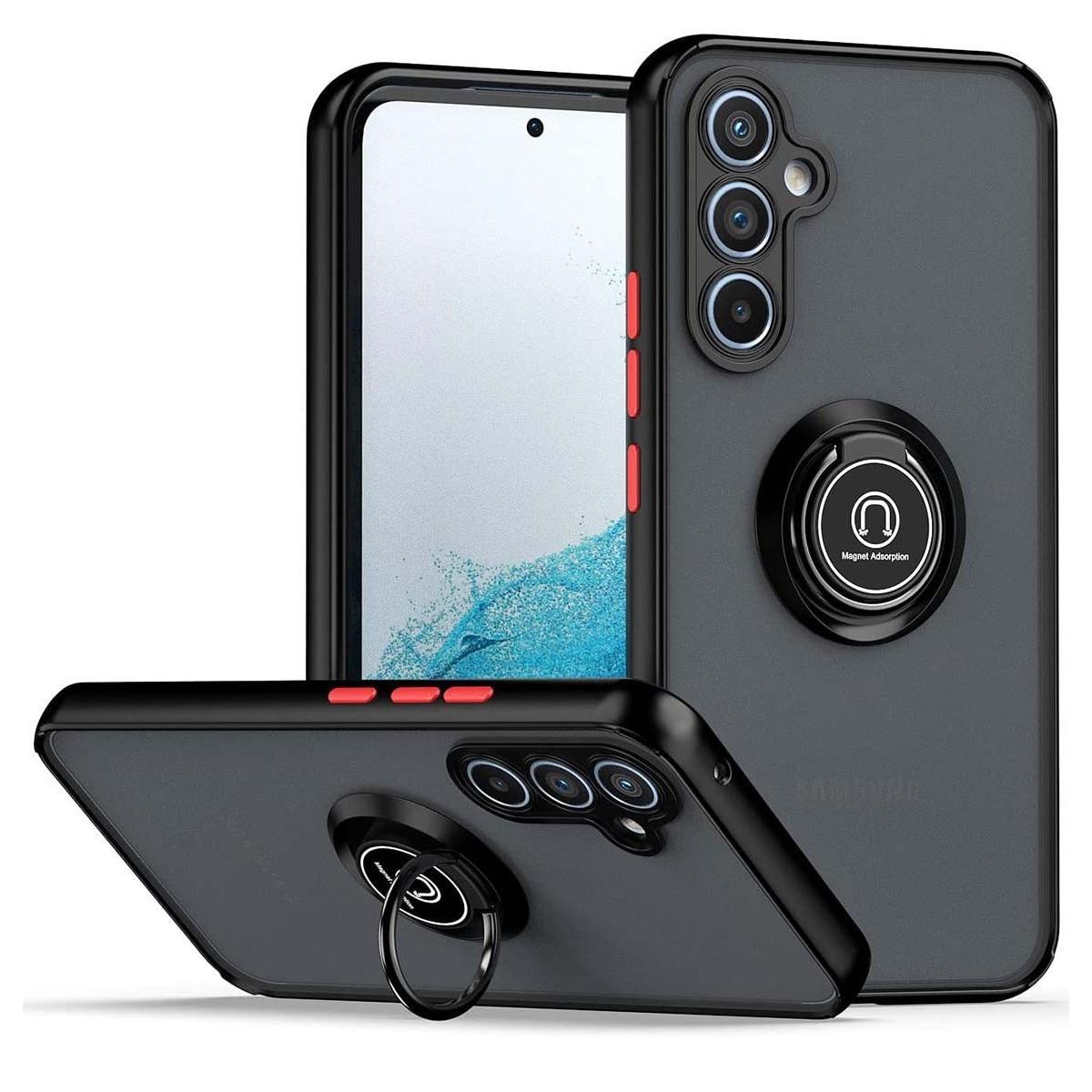 Funda Mate con Borde Negro y Anillo Giratorio 360 para Samsung Galaxy A14 4G / 5G