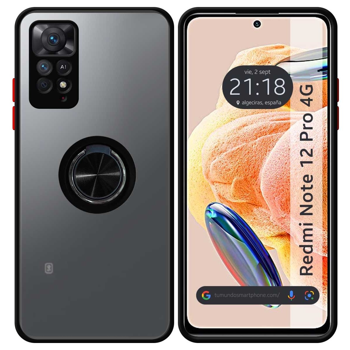 Funda Mate con Borde Negro y Anillo Giratorio 360 compatible con Xiaomi Redmi Note 12 Pro 4G