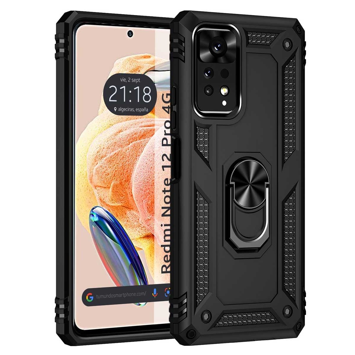 Funda Tough Armor con Anillo Giratorio Negra compatible con Xiaomi Redmi Note 12 Pro 4G