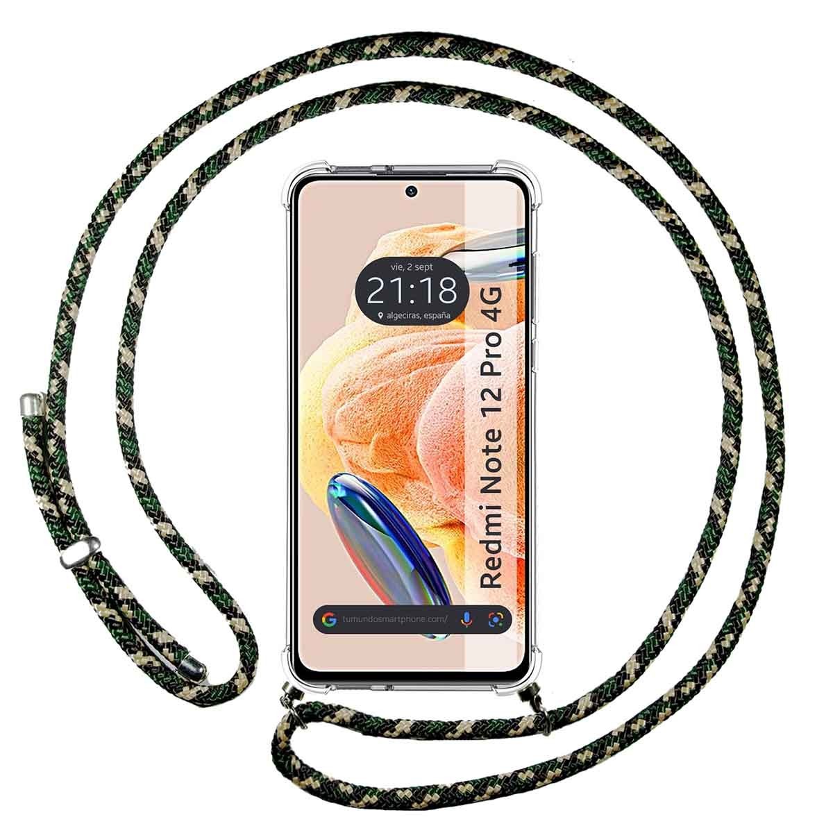 Funda Colgante Transparente compatible con Xiaomi Redmi Note 12 Pro 4G con Cordon Verde/Dorado