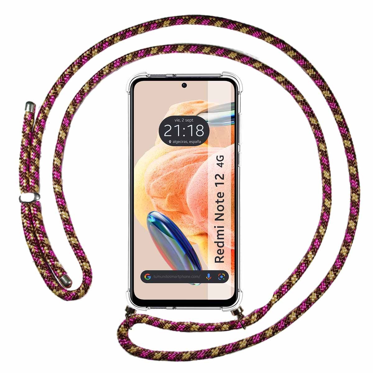 Funda Colgante Transparente compatible con Xiaomi Redmi Note 12 4G con Cordon Rosa / Dorado