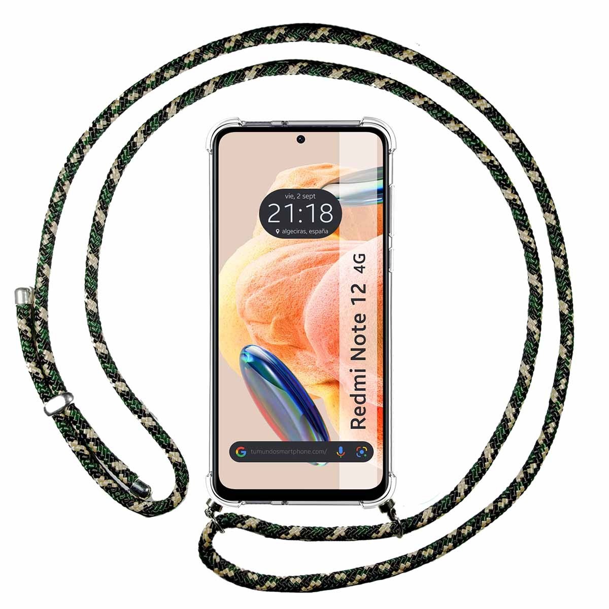 Funda Colgante Transparente compatible con Xiaomi Redmi Note 12 4G con Cordon Verde / Dorado