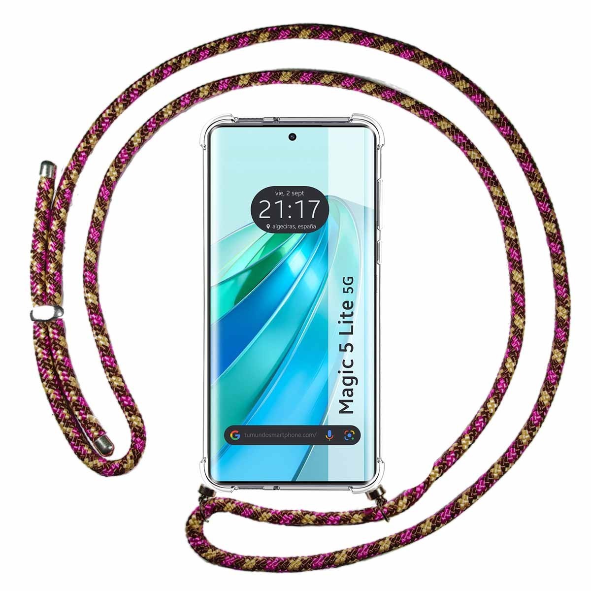 Funda Colgante Transparente para Huawei Honor Magic 5 Lite 5G con Cordon Rosa / Dorado