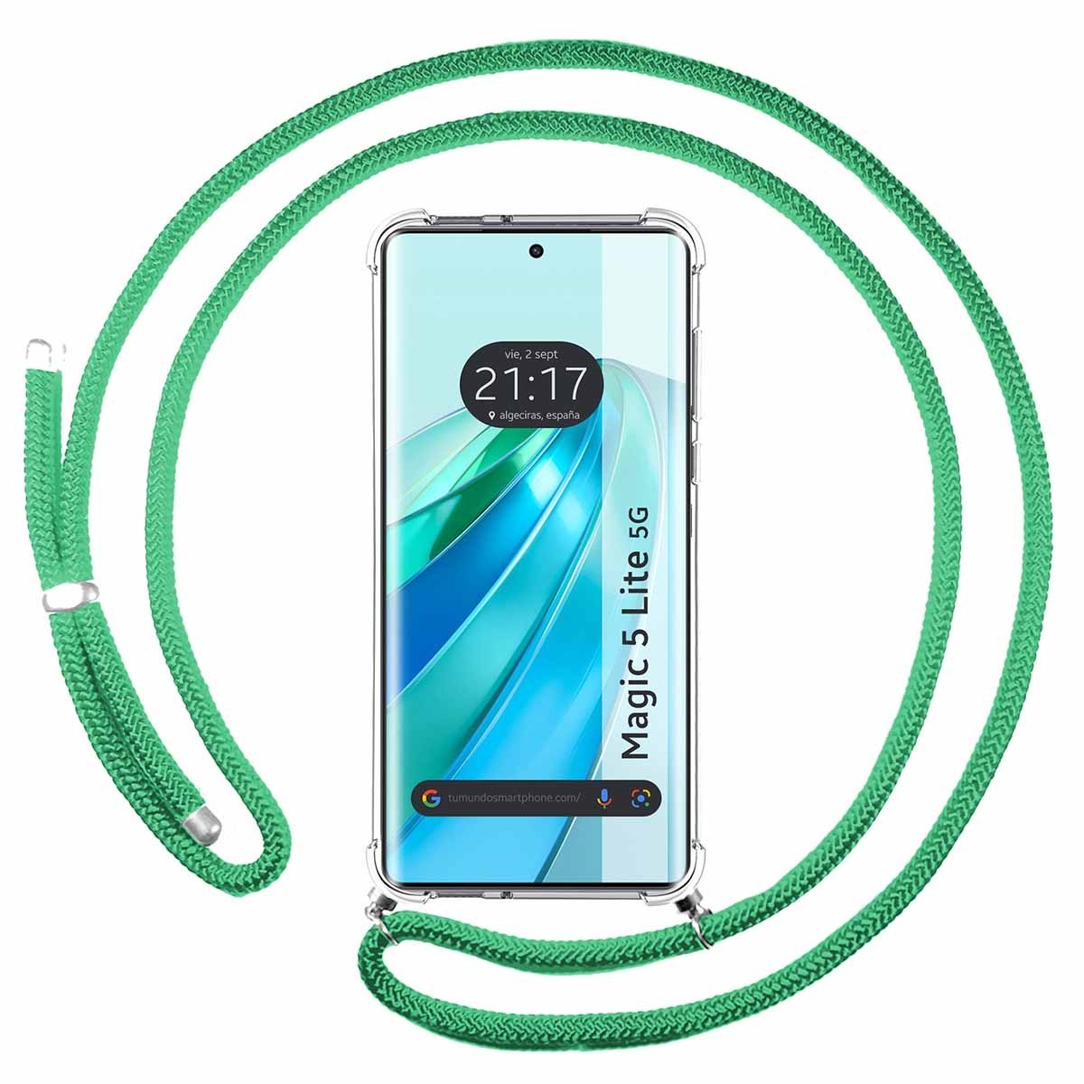 Funda Colgante Transparente para Huawei Honor Magic 5 Lite 5G con Cordon Verde Agua