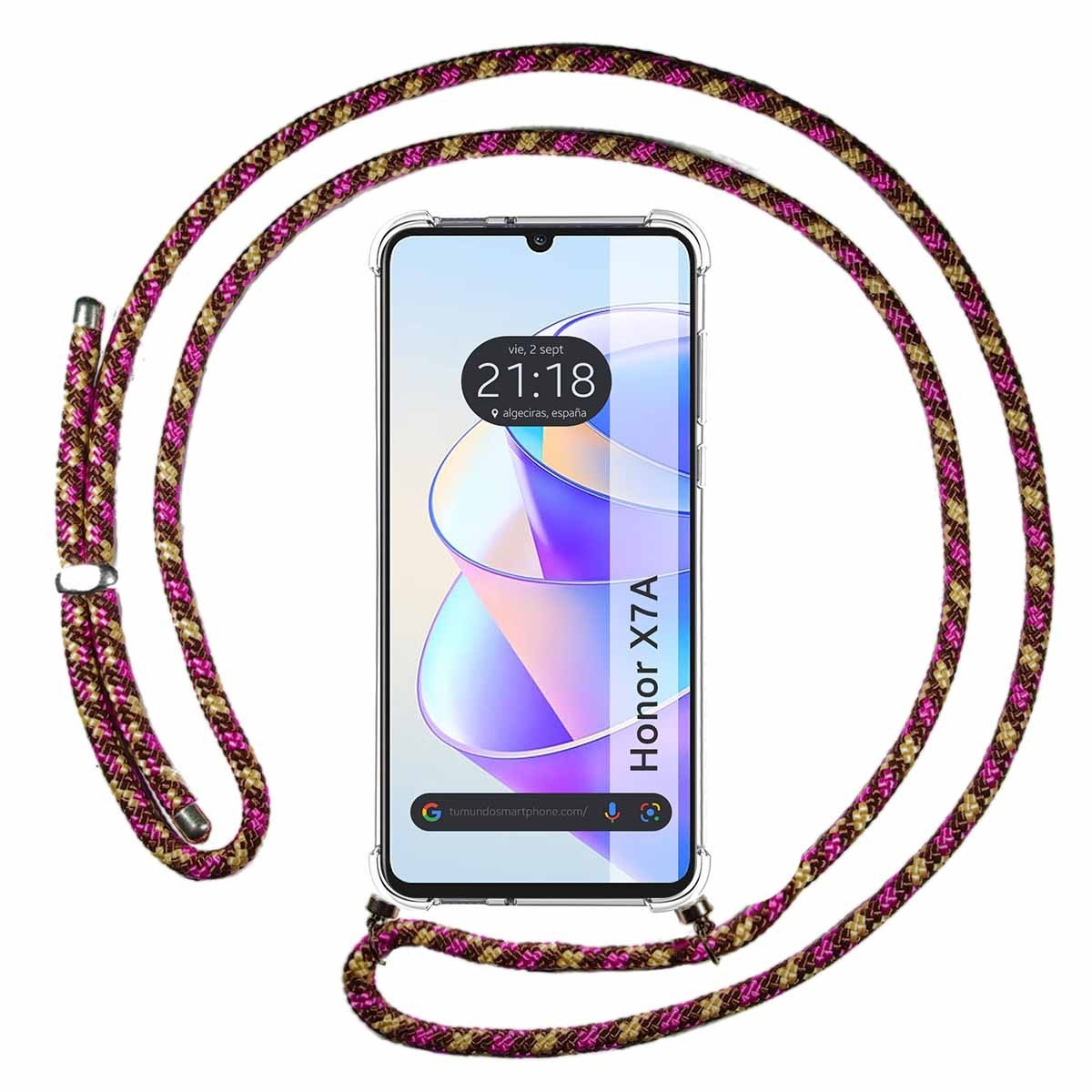 Funda Colgante Transparente para Huawei Honor X7a con Cordon Rosa / Dorado