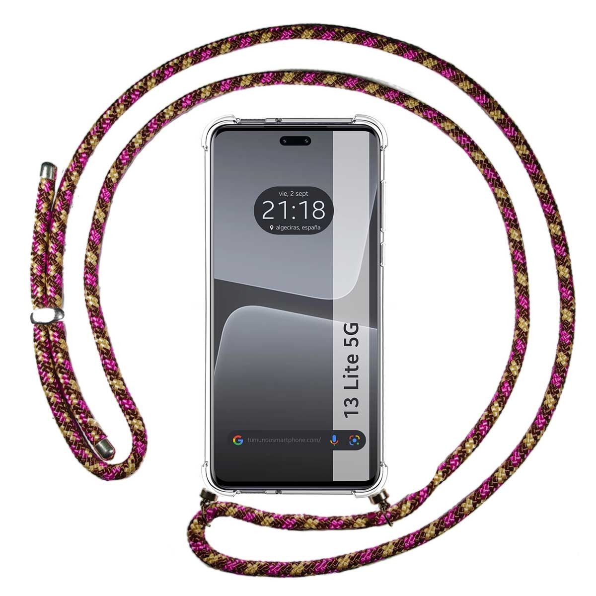 Funda Colgante Transparente compatible con Xiaomi 13 Lite 5G con Cordon Rosa / Dorado