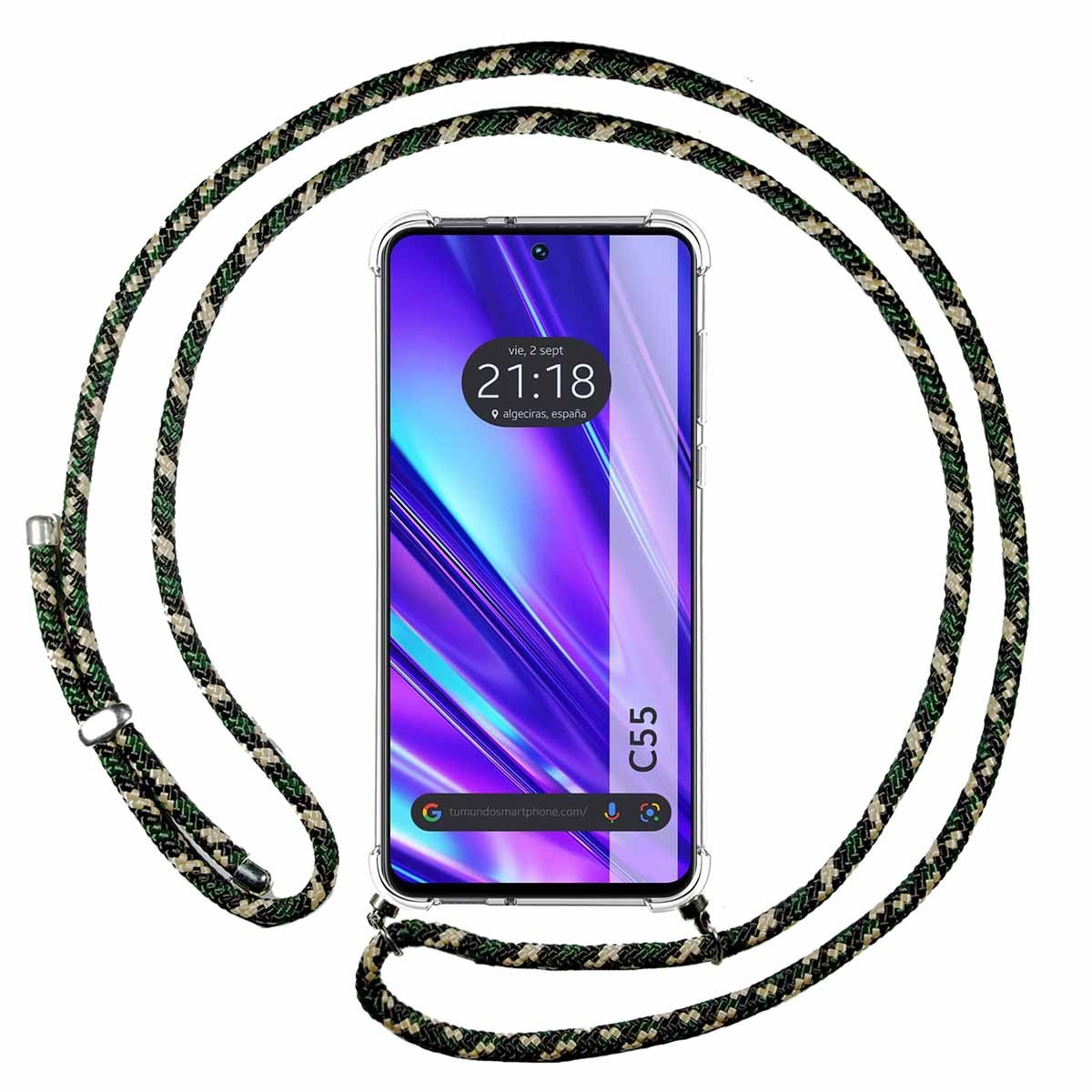 Funda Colgante Transparente para Realme C55 con Cordon Verde / Dorado