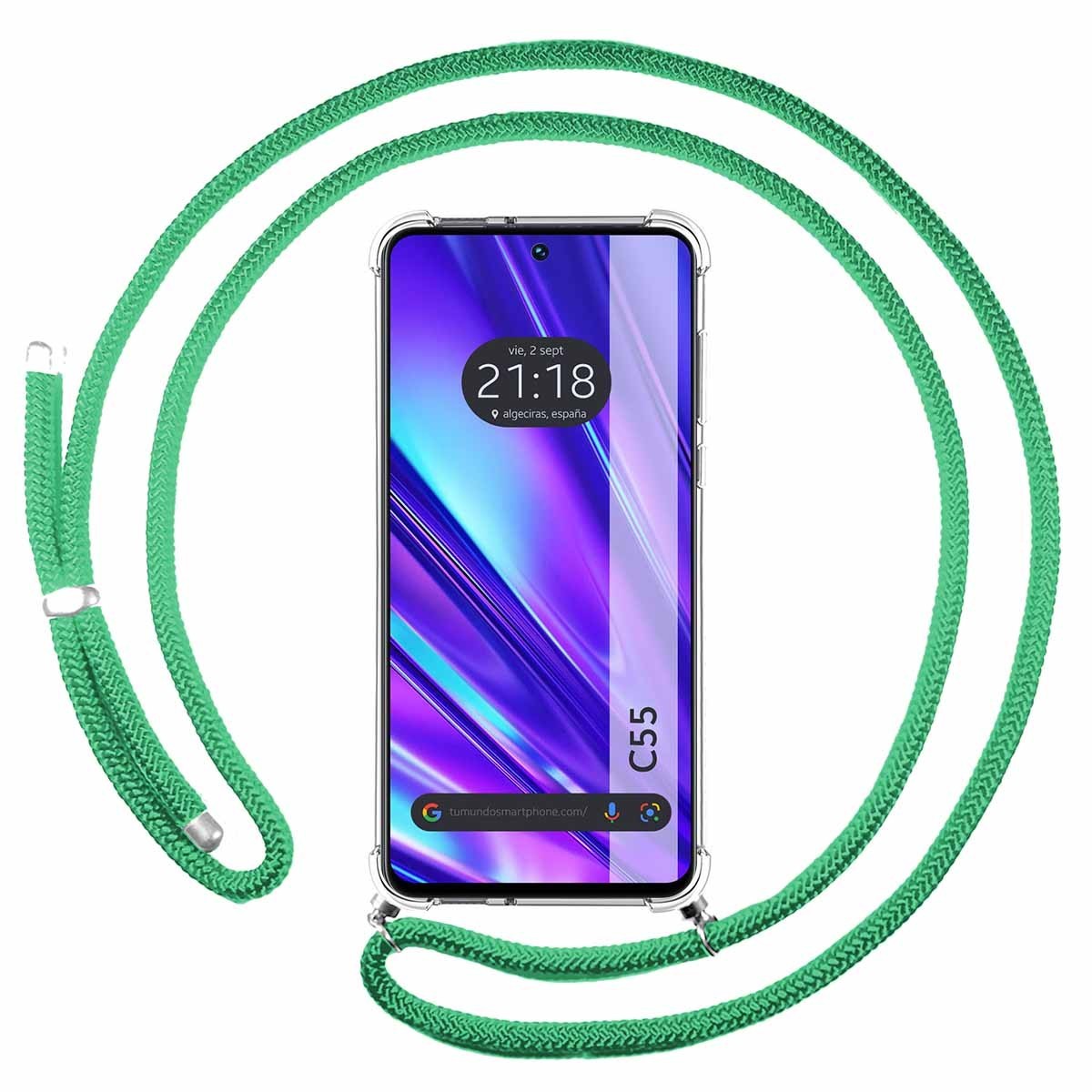 Funda Colgante Transparente para Realme C55 con Cordon Verde Agua
