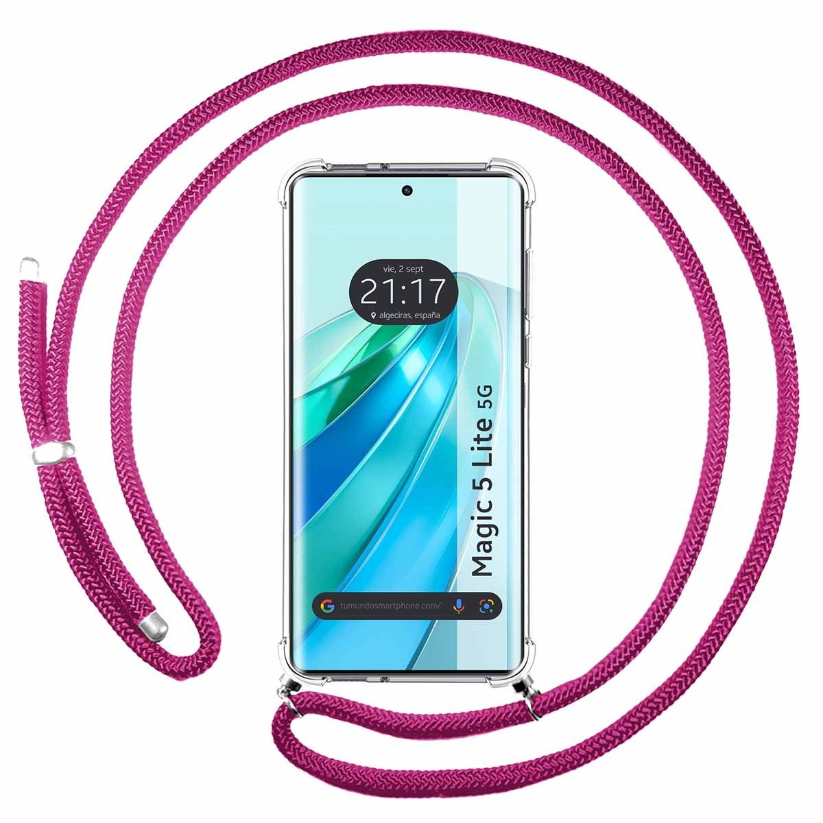 Funda Colgante Transparente para Huawei Honor Magic 5 Lite 5G con Cordon Rosa Fucsia