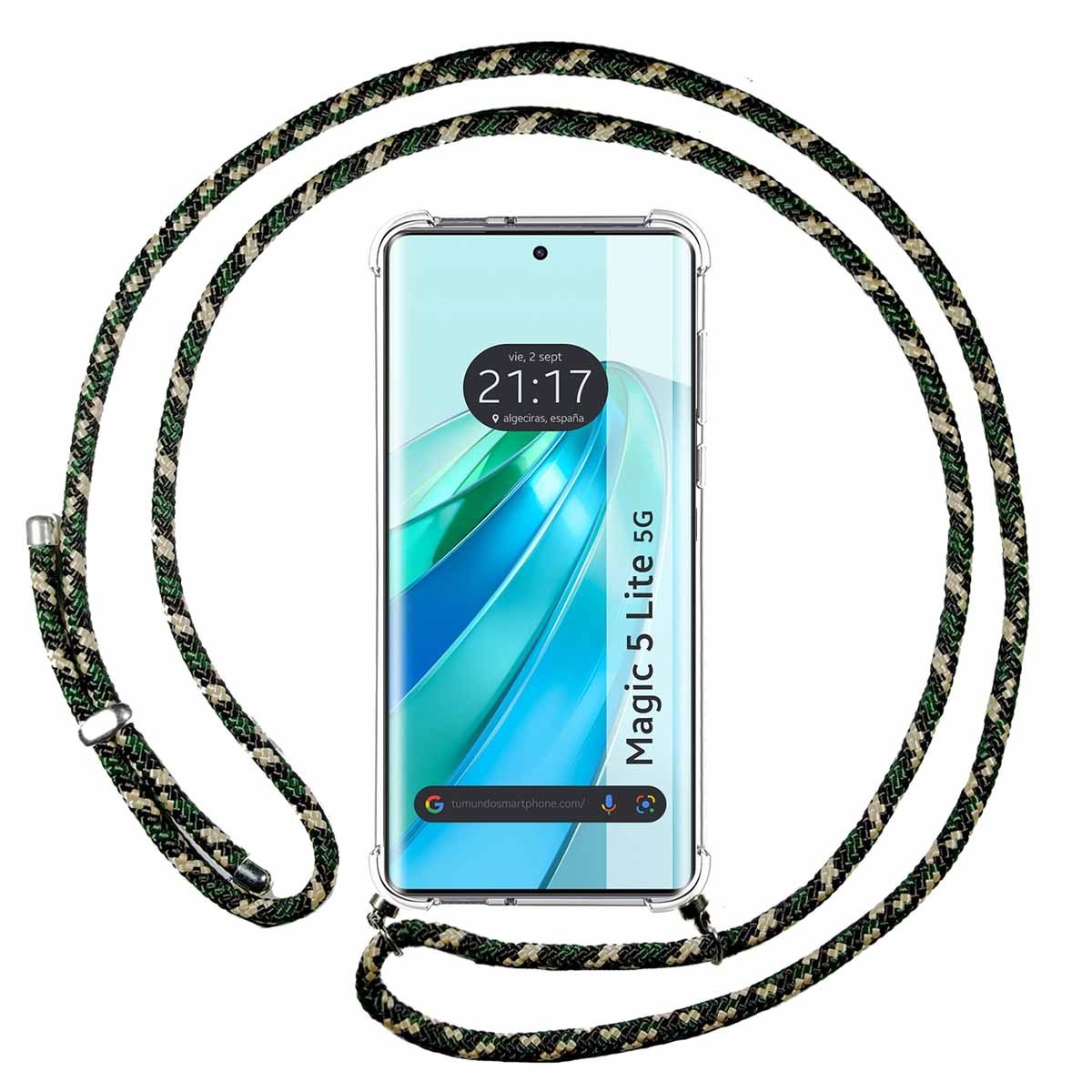 Funda Colgante Transparente para Huawei Honor Magic 5 Lite 5G con Cordon Verde / Dorado