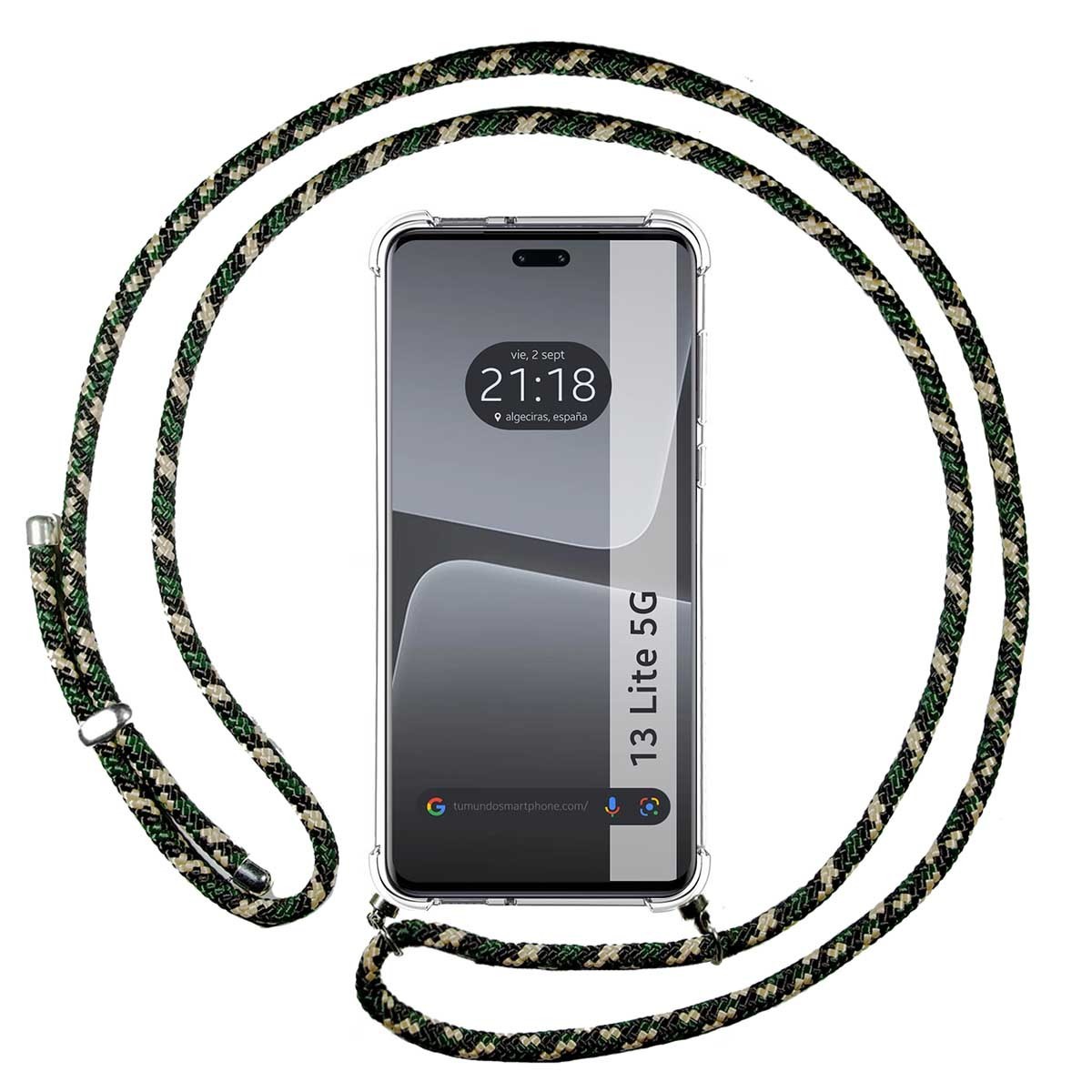 Funda Colgante Transparente compatible con Xiaomi 13 Lite 5G con Cordon Verde / Dorado