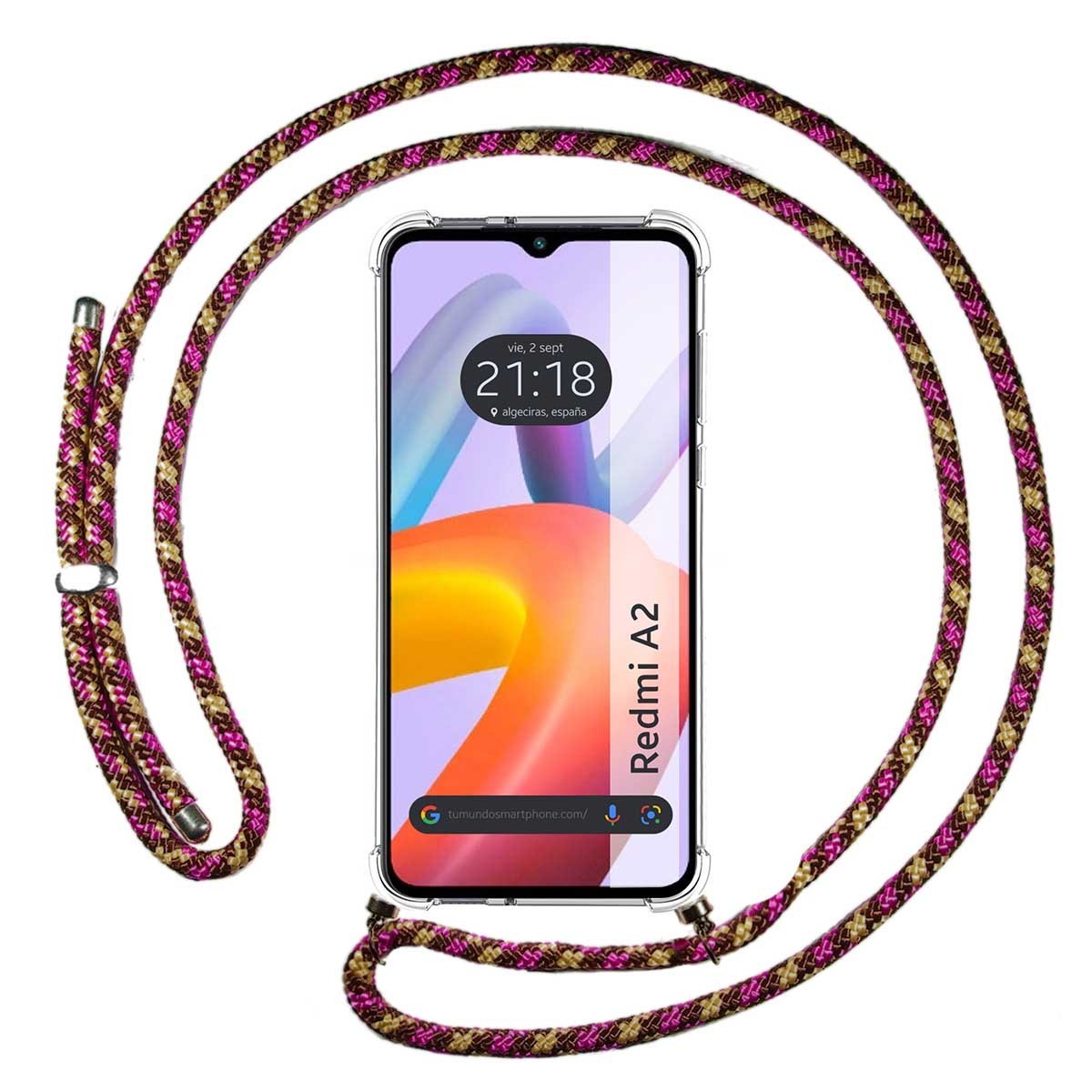 Funda Colgante Transparente compatible con Xiaomi Redmi A2 con Cordon Rosa/Dorado