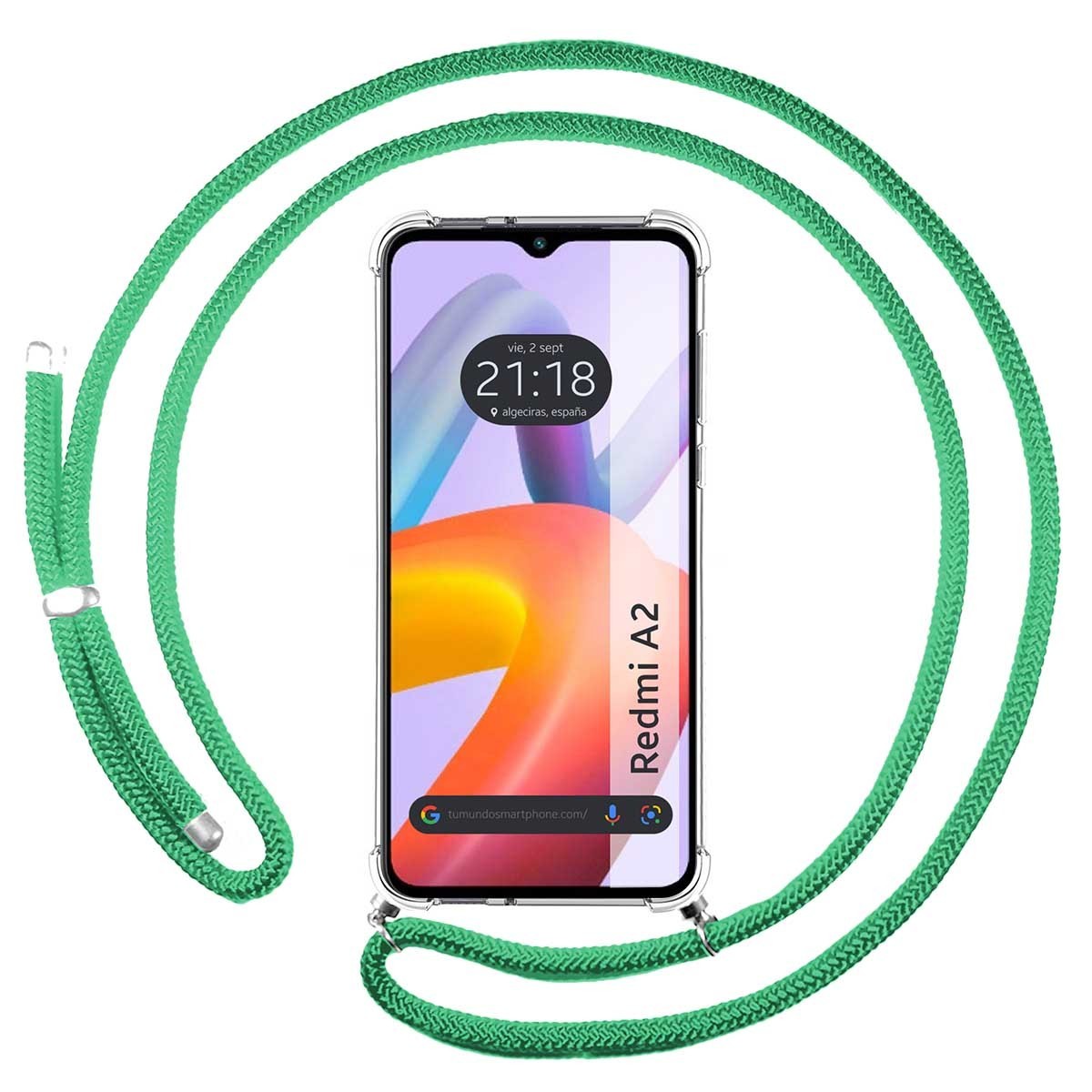 Funda Colgante Transparente compatible con Xiaomi Redmi A2 con Cordon Verde Agua