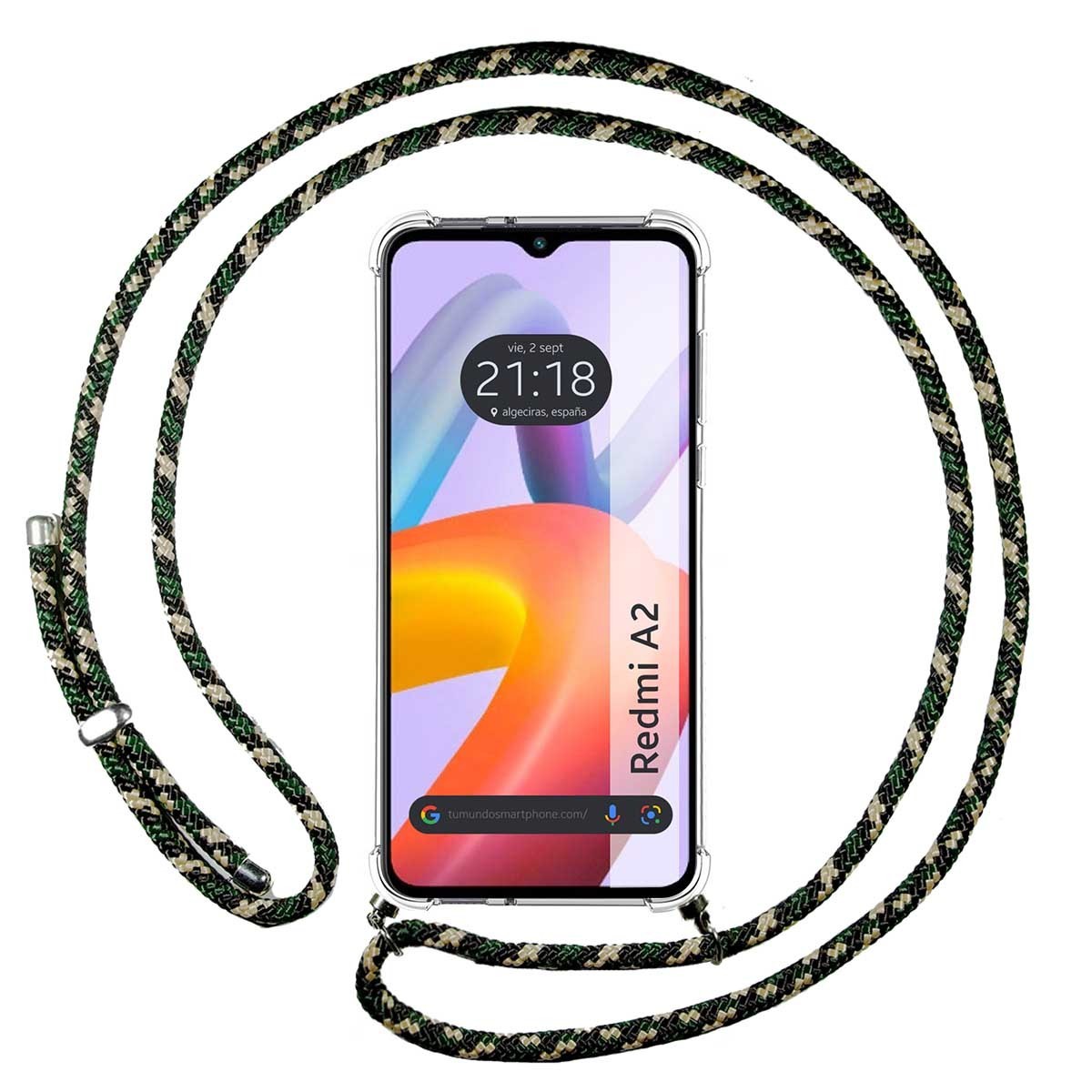 Funda Colgante Transparente compatible con Xiaomi Redmi A2 con Cordon Verde/Dorado