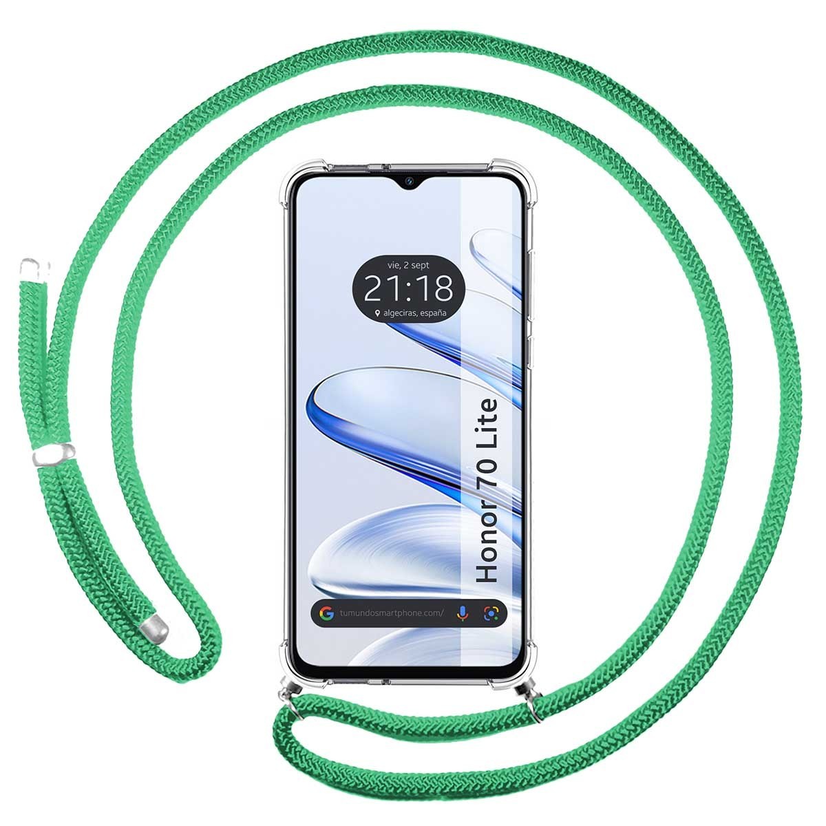 Funda Colgante Transparente para Huawei Honor 70 Lite 5G con Cordon Verde Agua