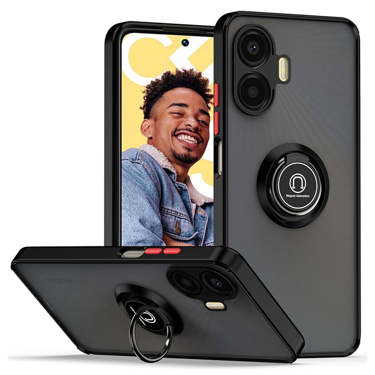 Funda Mate con Borde Negro y Anillo Giratorio 360 para Realme C55