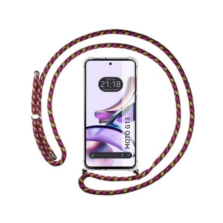 Funda Colgante Transparente para Motorola Moto G13 con Cordon Rosa / Dorado