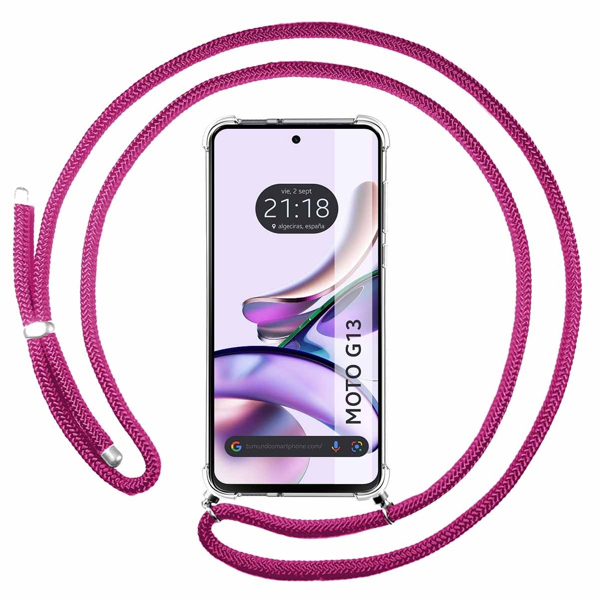 Funda Colgante Transparente para Motorola Moto G13 con Cordon Rosa Fucsia