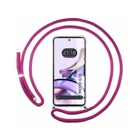 Funda Colgante Transparente para Motorola Moto G13 con Cordon Rosa Fucsia