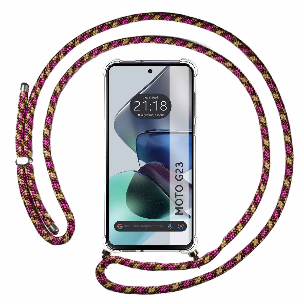 Funda Colgante Transparente para Motorola Moto G23 con Cordon Rosa / Dorado