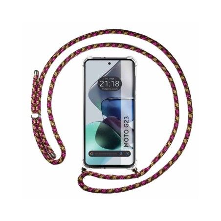 Funda Colgante Transparente para Motorola Moto G23 con Cordon Rosa / Dorado