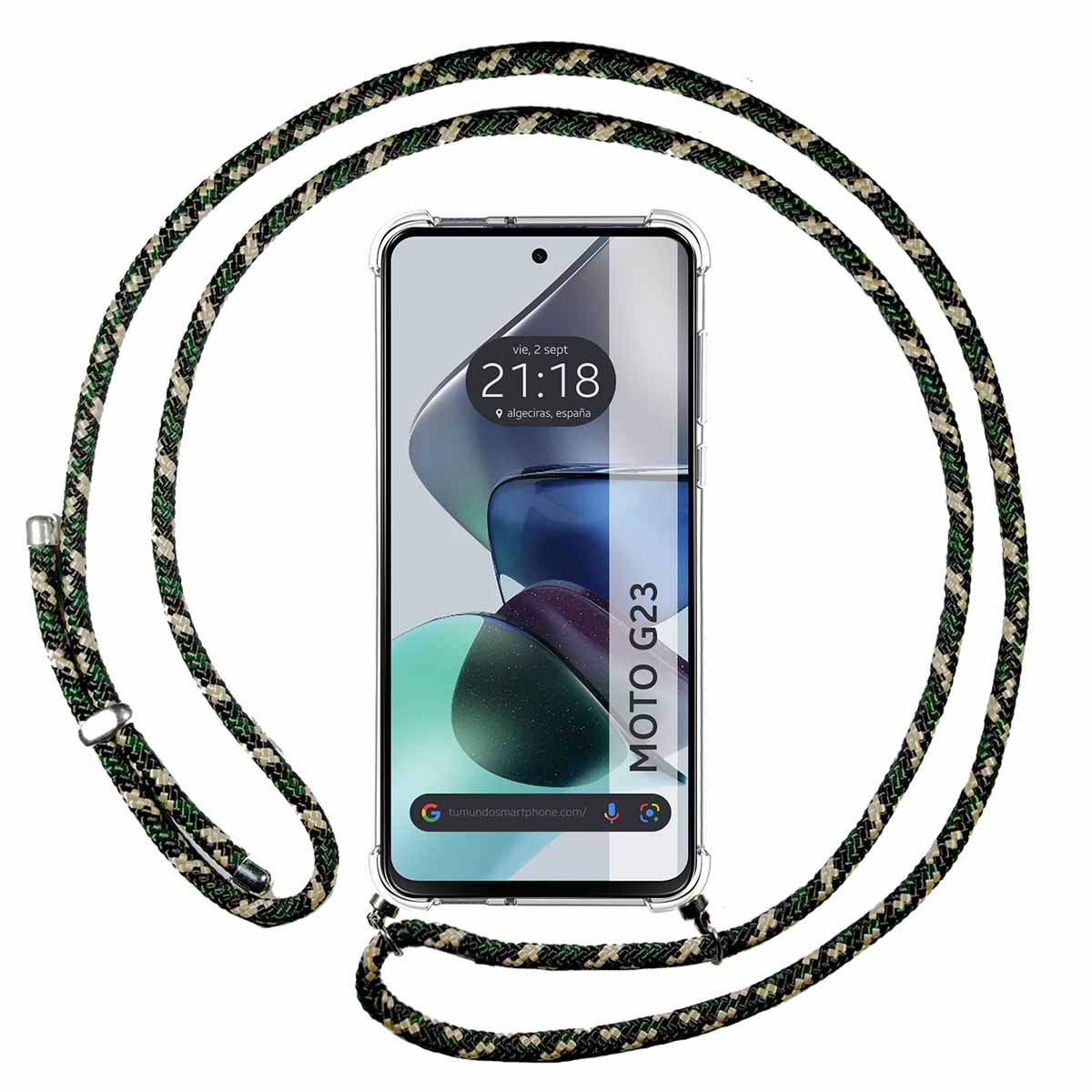 Funda Colgante Transparente para Motorola Moto G23 con Cordon Verde / Dorado