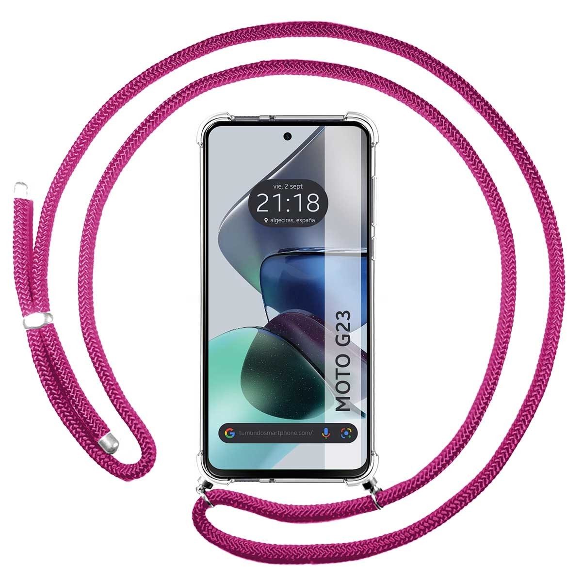 Funda Colgante Transparente para Motorola Moto G23 con Cordon Rosa Fucsia