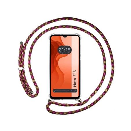 Funda Colgante Transparente para Motorola Moto E13 con Cordon Rosa / Dorado