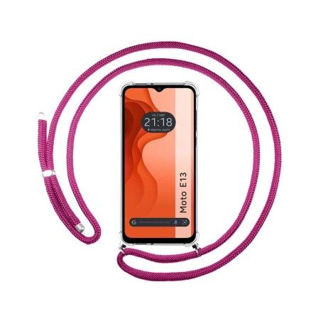 Funda Colgante Transparente para Motorola Moto E13 con Cordon Rosa Fucsia