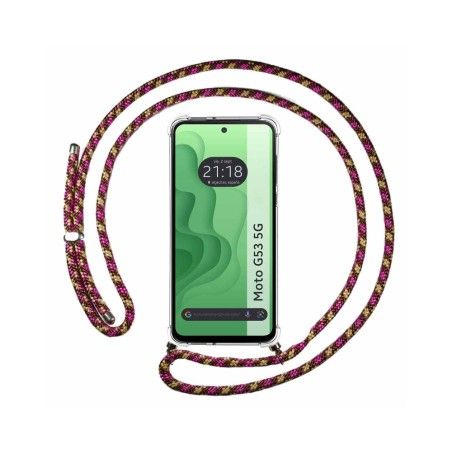 Funda Colgante Transparente para Motorola Moto G53 5G con Cordon Rosa / Dorado
