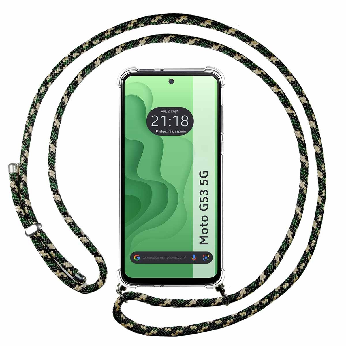 Funda Colgante Transparente para Motorola Moto G53 5G con Cordon Verde / Dorado