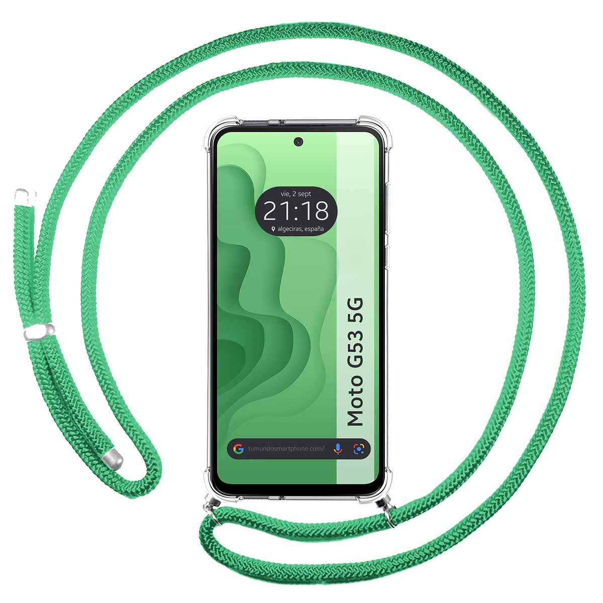 Funda Colgante Transparente para Motorola Moto G53 5G con Cordon Verde Agua