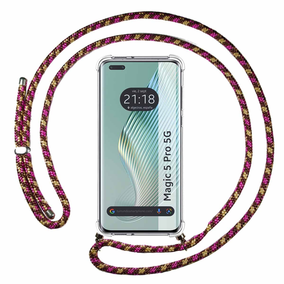 Funda Colgante Transparente para Huawei Honor Magic 5 Pro 5G con Cordon Rosa / Dorado