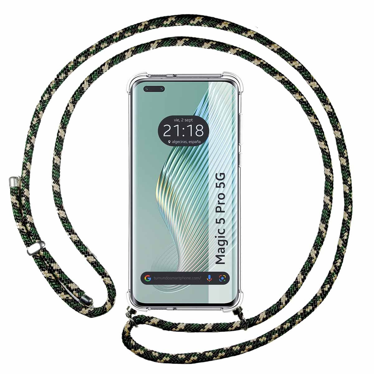 Funda Colgante Transparente para Huawei Honor Magic 5 Pro 5G con Cordon Verde / Dorado
