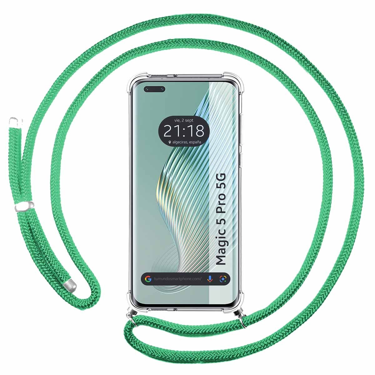 Funda Colgante Transparente para Huawei Honor Magic 5 Pro 5G con Cordon Verde Agua