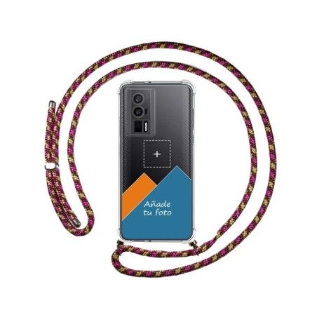 Personaliza tu Funda Colgante Transparente para Xiaomi Poco F5 Pro 5G con Cordon Rosa / Dorado Dibujo Personalizada