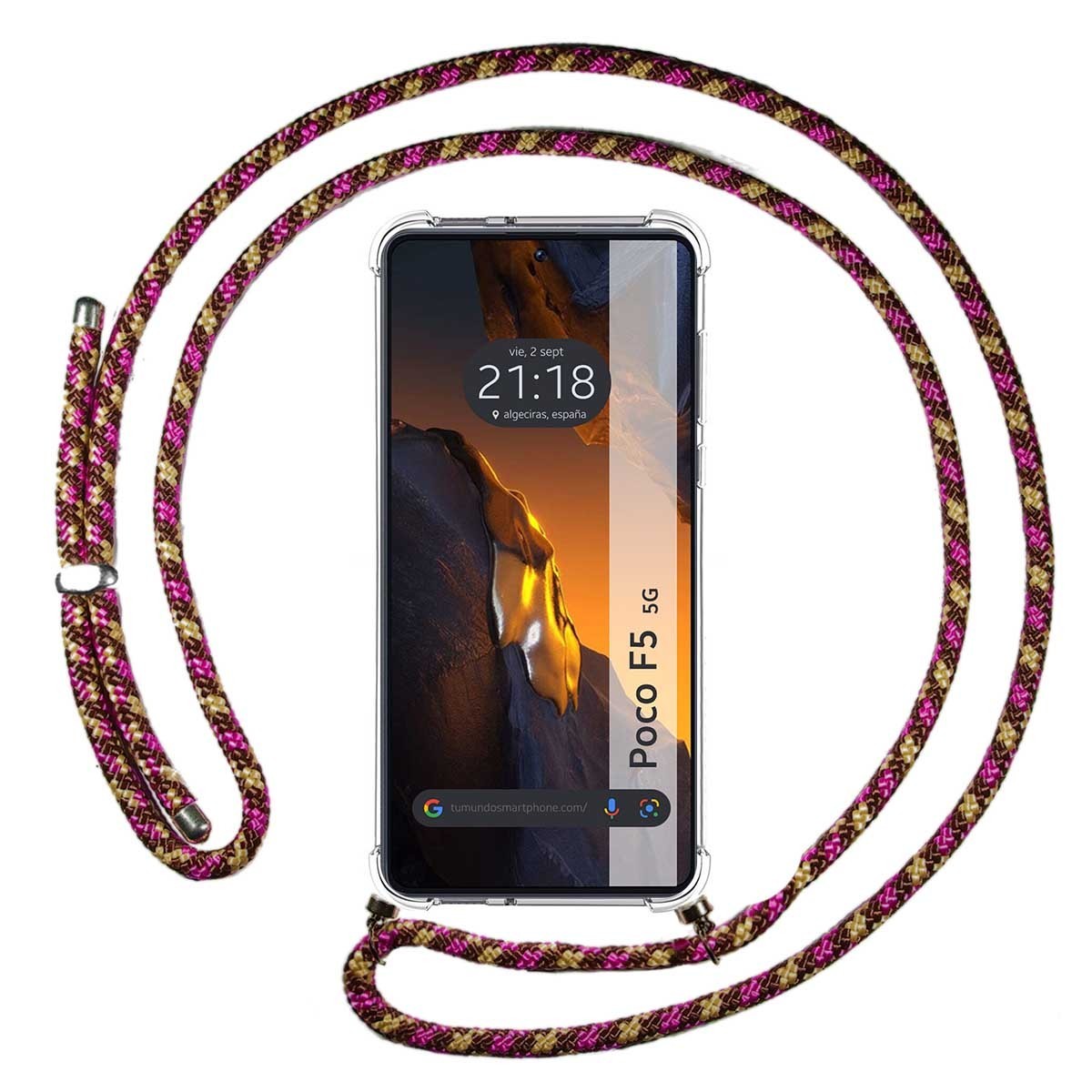 Funda Colgante Transparente para Xiaomi Poco F5 5G con Cordon Rosa / Dorado