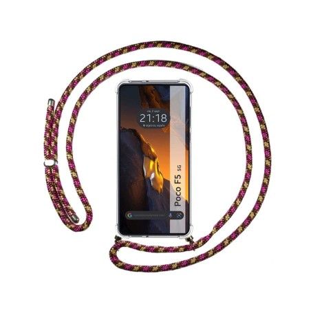 Funda Colgante Transparente para Xiaomi Poco F5 5G con Cordon Rosa / Dorado