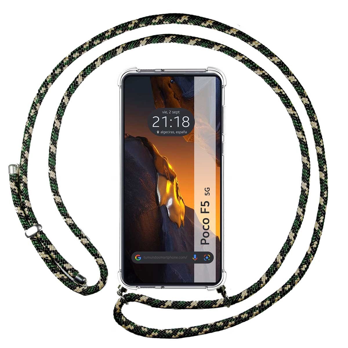 Funda Colgante Transparente para Xiaomi Poco F5 5G con Cordon Verde / Dorado