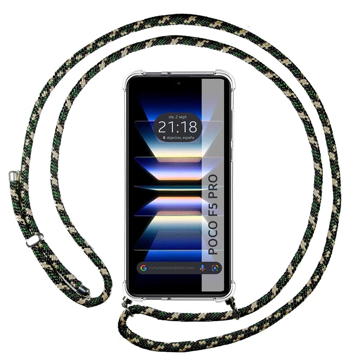 Funda Colgante Transparente para Xiaomi Poco F5 Pro 5G con Cordon Verde / Dorado