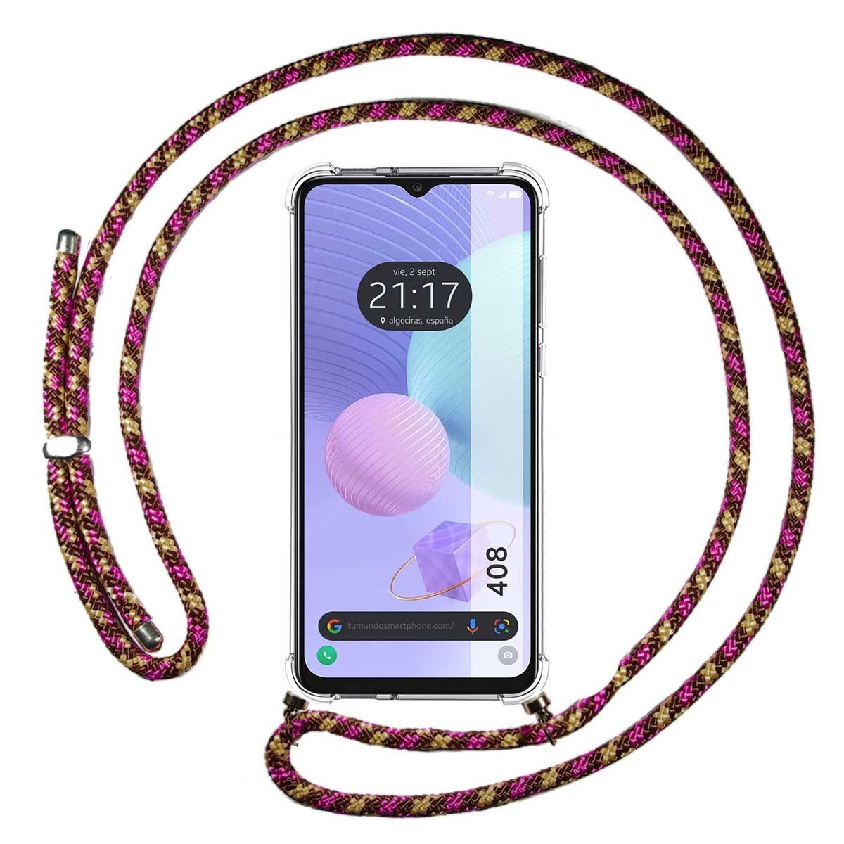 Funda Colgante Transparente para TCL 408 con Cordon Rosa/Dorado