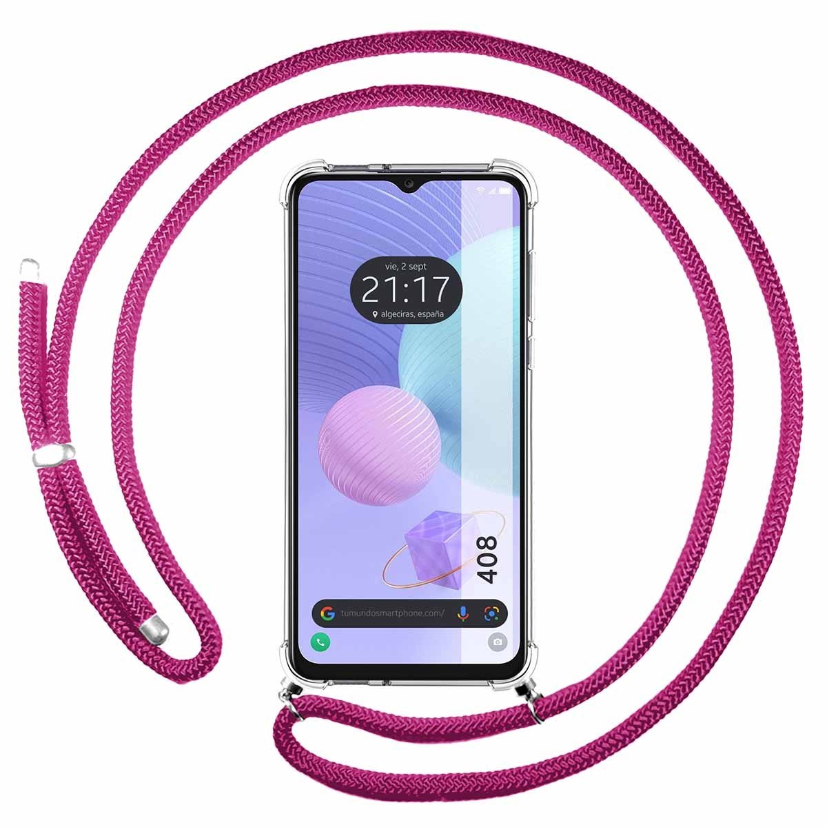 Funda Colgante Transparente para TCL 408 con Cordon Rosa Fucsia