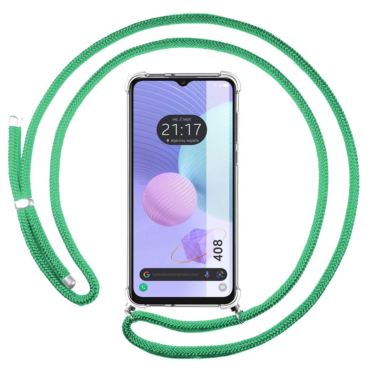 Funda Colgante Transparente para TCL 408 con Cordon Verde Agua
